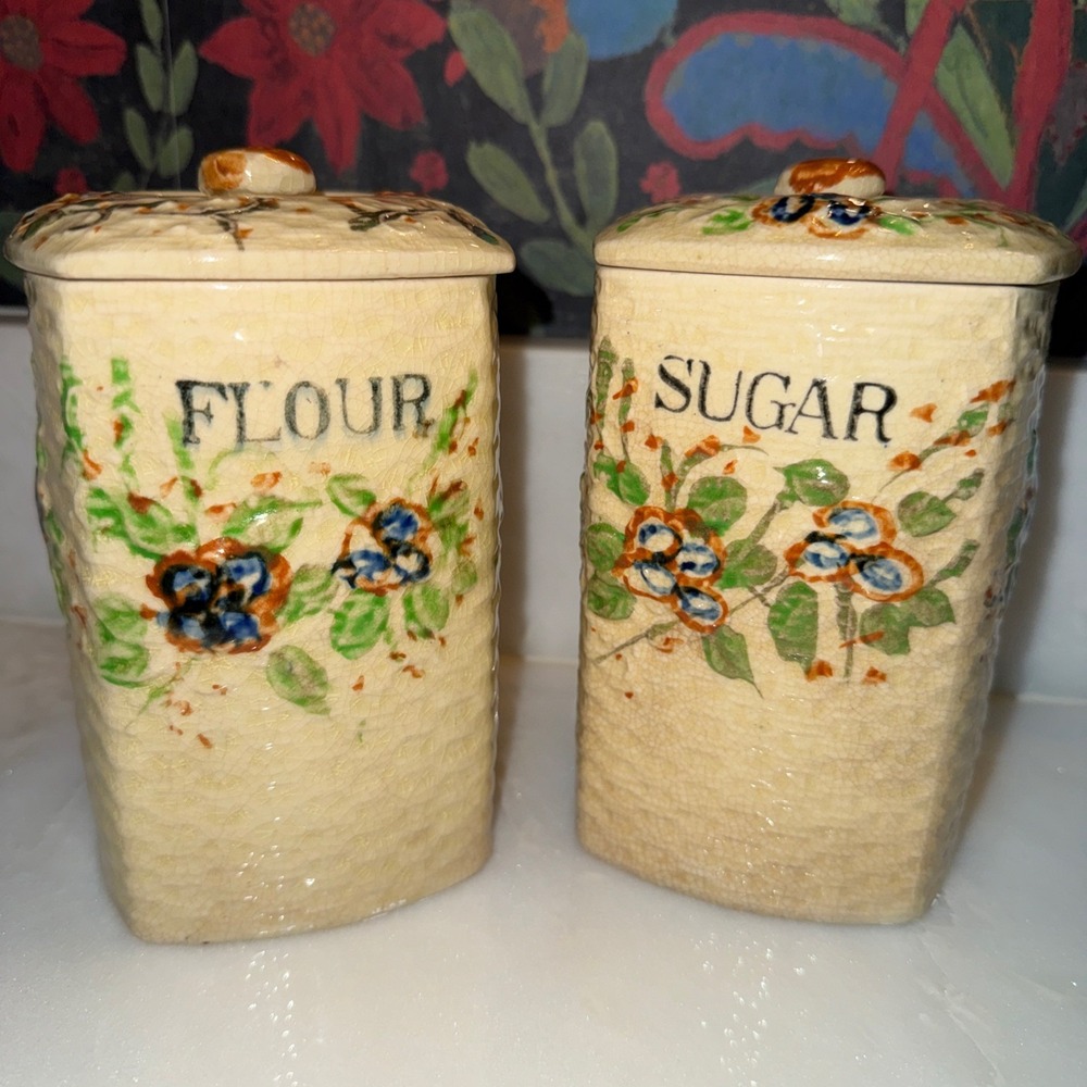 Vintage Flour And Sugar Canisters Country Kitchen Basket Weave Lattice Floral